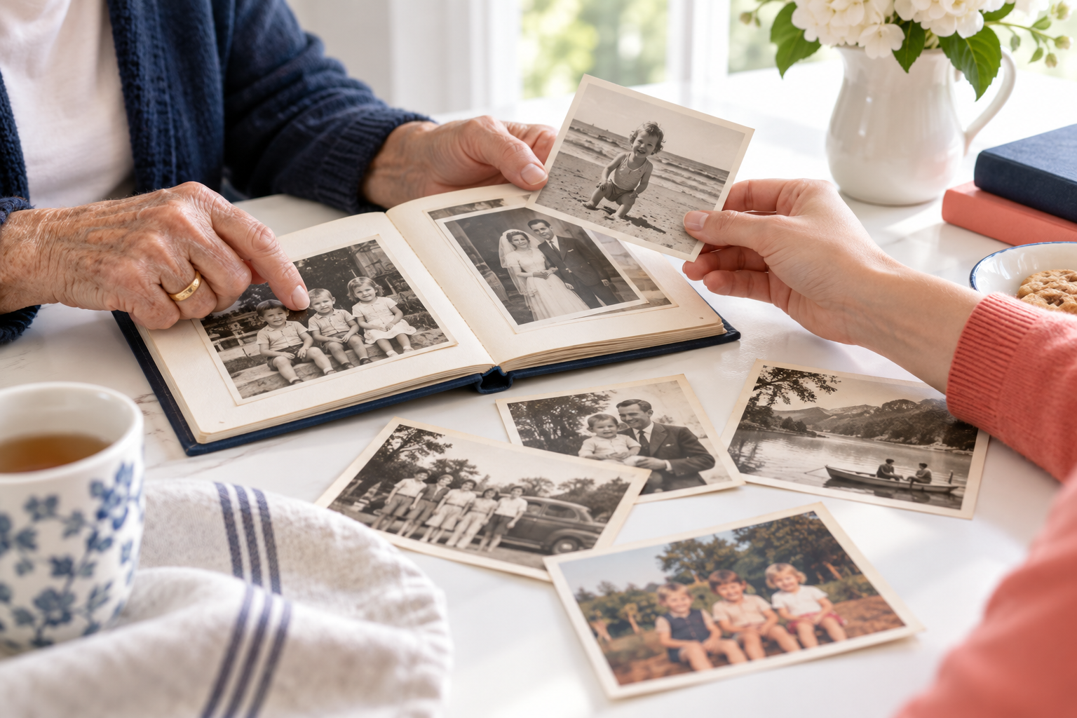Two generations looking through family photographs together