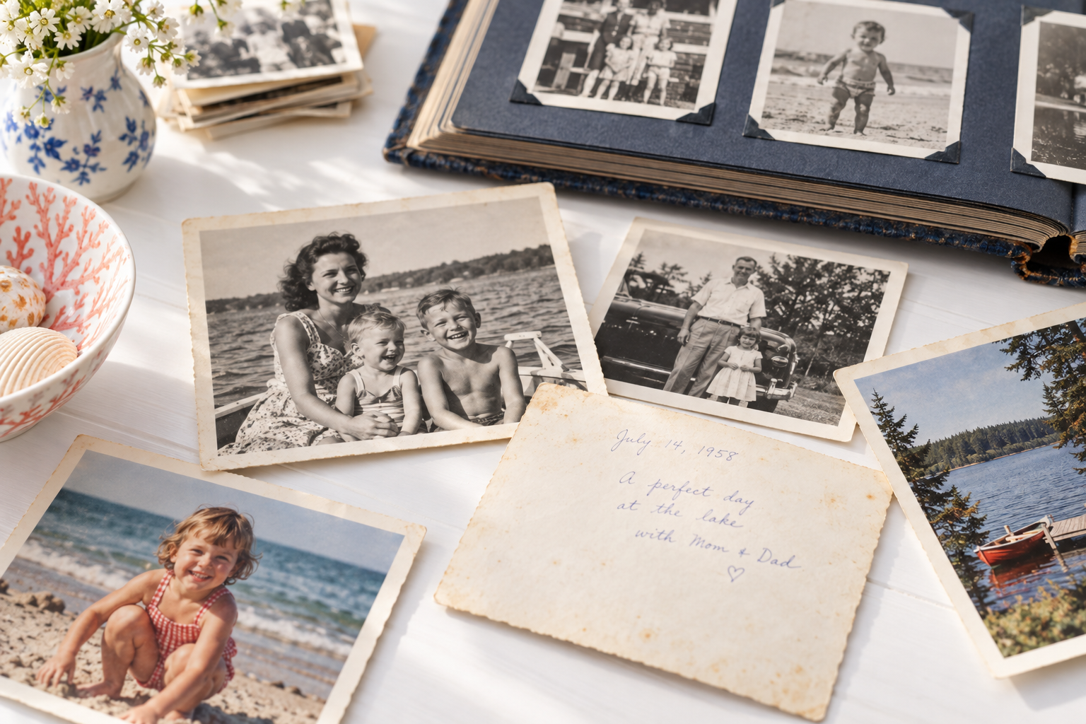 Family photographs and a handwritten note beside an album
